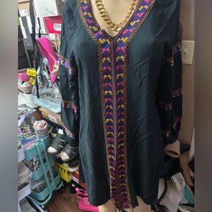 Wrangler retro black knee length dress colorful arm embroidery western medium